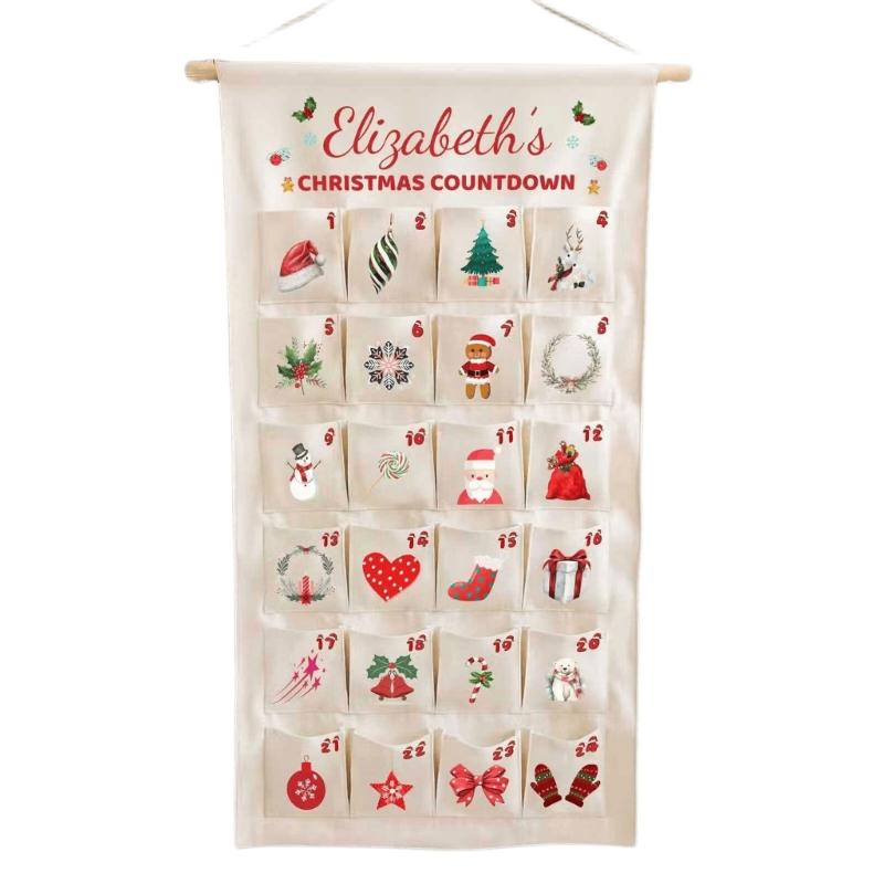 24 Numbered Advent Calendar Panel, Custom Fabric Christmas Wall Display for Entryways, Small Candy, Message Cards and Indoor Rooms