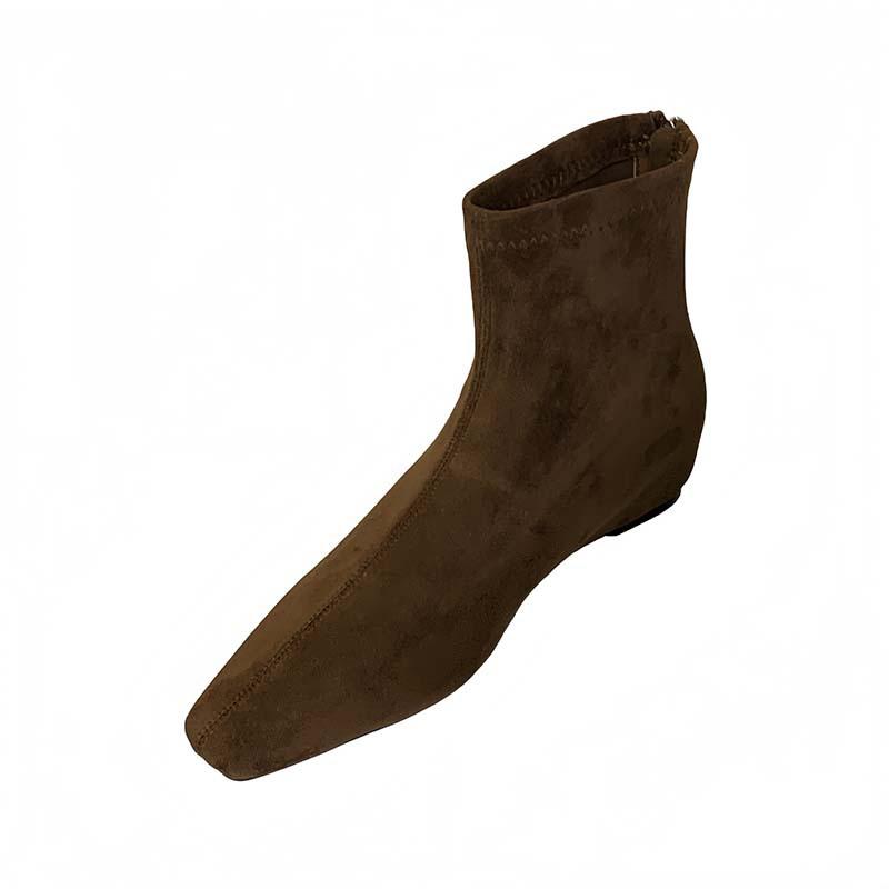 Brown Short Boots Women's Inner Height Increase Zipper Square Head Versatile 2025 New Autumn and Winter Korean Version Suede Thin Boots