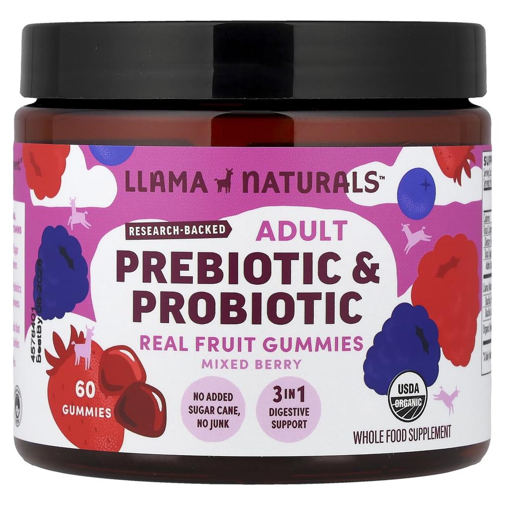 Llama Naturals, Adult Prebiotic & Probiotic, Natural Fruit Gummies, Mixed Berry, 60 Gummies