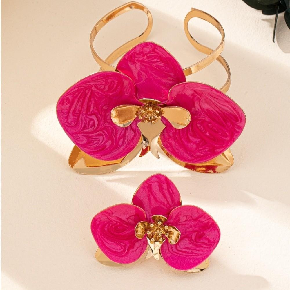 Bohemian Flower Bracelet Exaggerated Open Floral Arm Cuff Flower Bracelet Ring Set Vacation