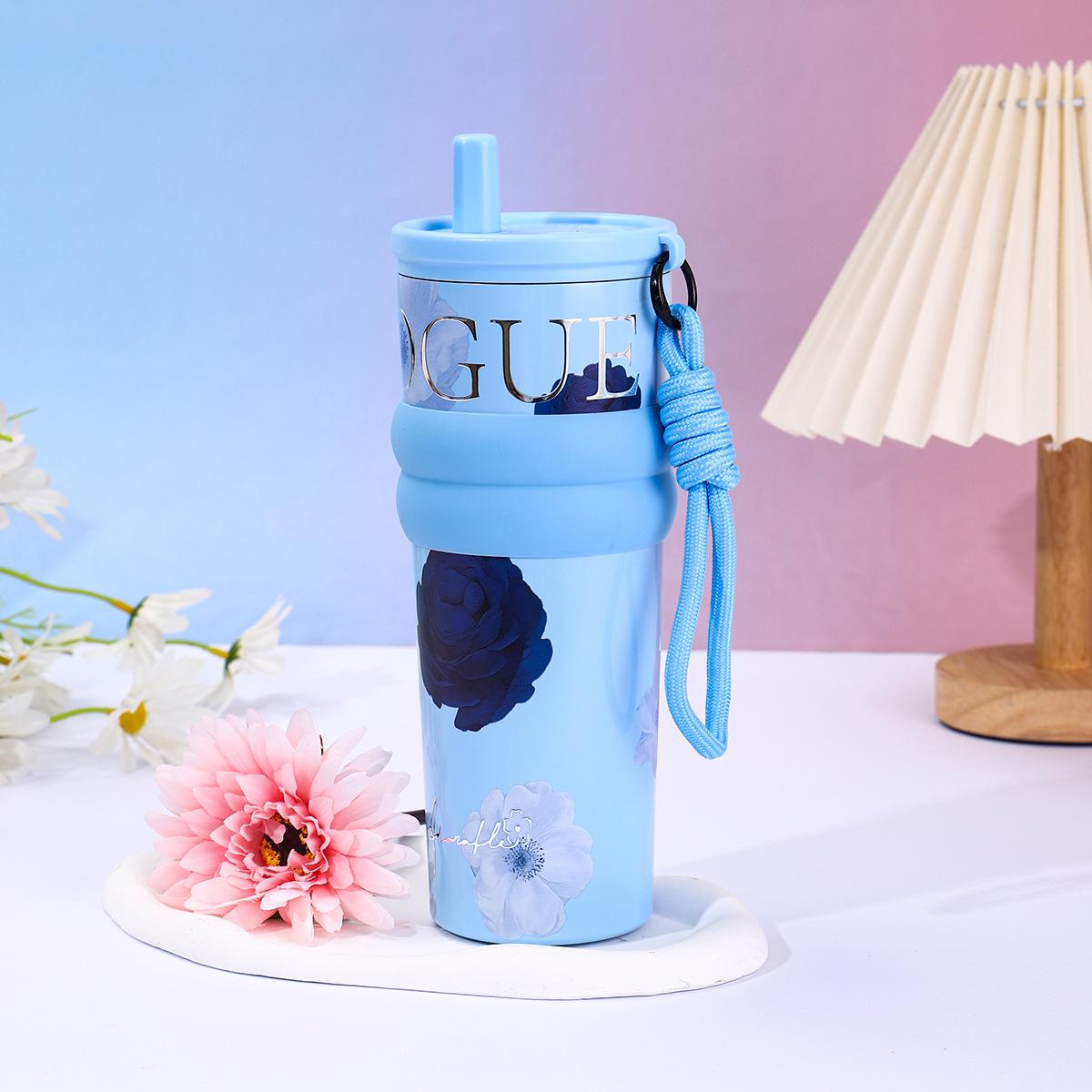 

High-Capacity Insulated Stainless Steel Cup with Ceramic Liner, Handle, Straw, and Rope 710ml