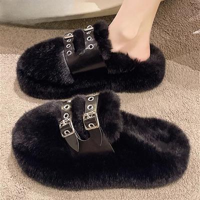 Flache Plateau Fell Hausschuhe Damen Luxus Fellige Pantoletten Schuhe 2024 Trend Winter Plüsch Warme Zuhause Baumwollhausschuhe Winterstiefel Damen
