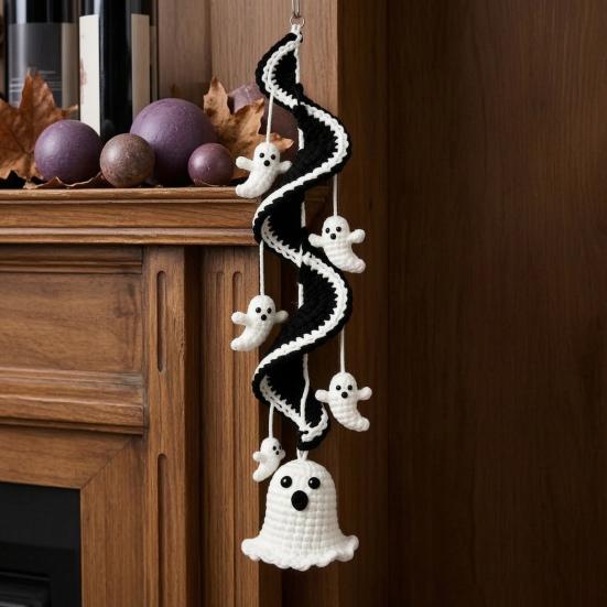Decoração de Festival Interno Halloween Ornamento Pendurado Espiral de Crochê Kit DIY, Abóbora Fantasma Morcego Padrões Fáceis Gato Preto Artesanato Completo, Decoração de Feriado