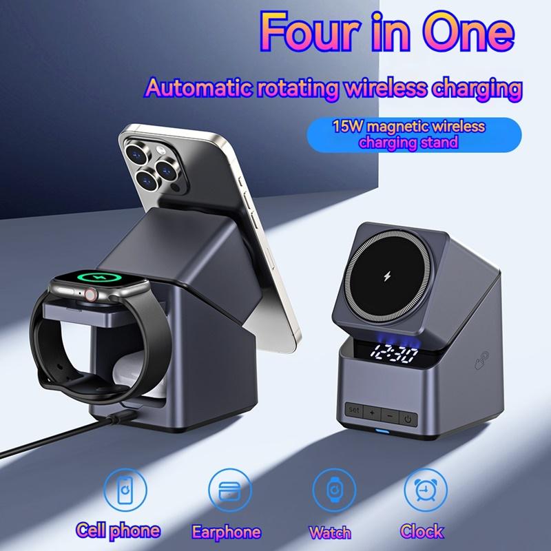 4in1 Electric Rotating Magnetic 15W Wireless Charger Time Display Touch Rotation for iPhone Watch AirPods Ideal Charging Stand