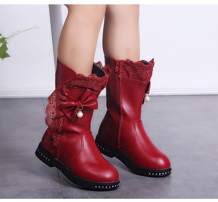 Children's Snow Boots New Winter Girls Mid-calf Lace Bow Zip with Plush Warm Waterproof Leather Boots Kids Princess Tall Boots