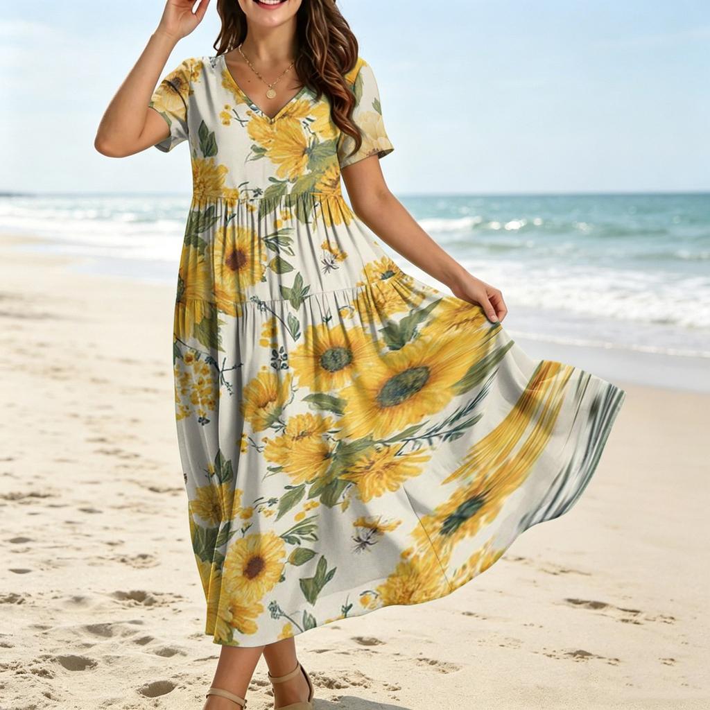 Women Casual Loose Bohemian Floral Dress Short Sleeve Long Maxi Summer Beach Swing Dress