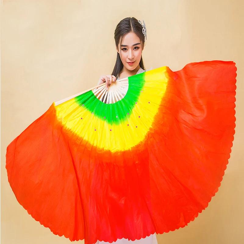 (L R) Hand Chinese Bamboo Imitation Silk Dancing Fan Veils Hand-Made Square Dance Prop Fans Performance Dance Fan