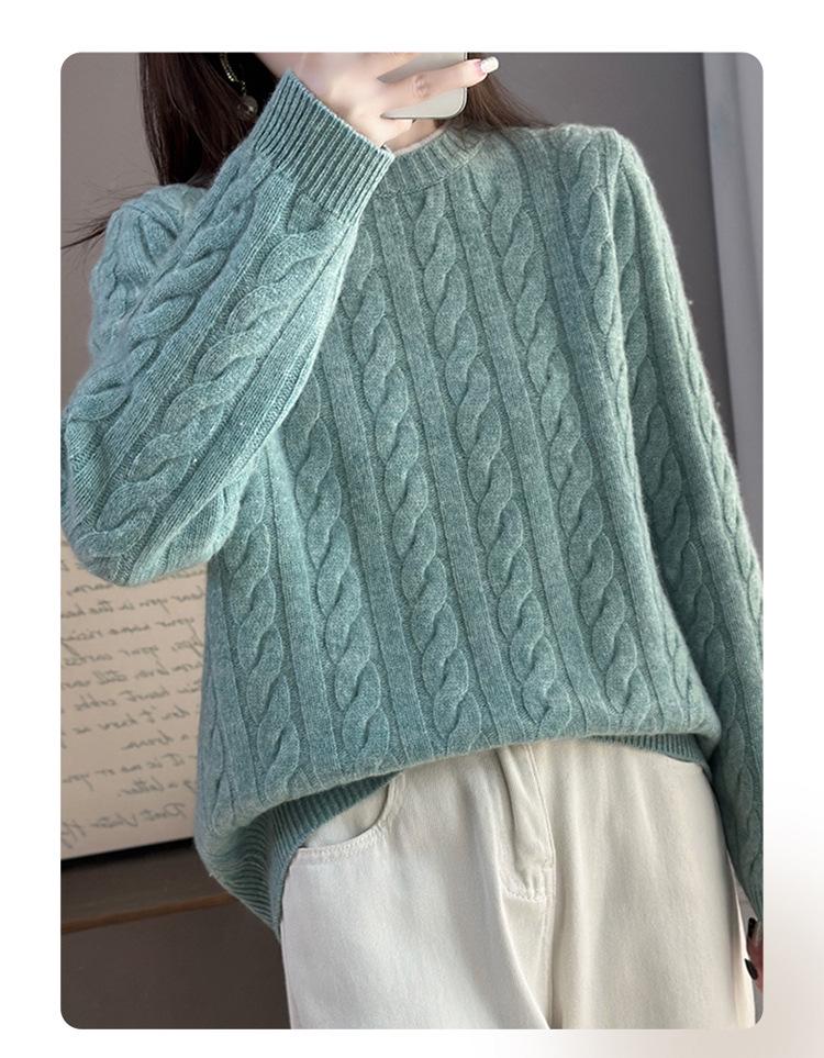 Women's Color-Block Pure Wool Sweater, Cable Knit, Thickened, Loose Fit, Slimming Pullover