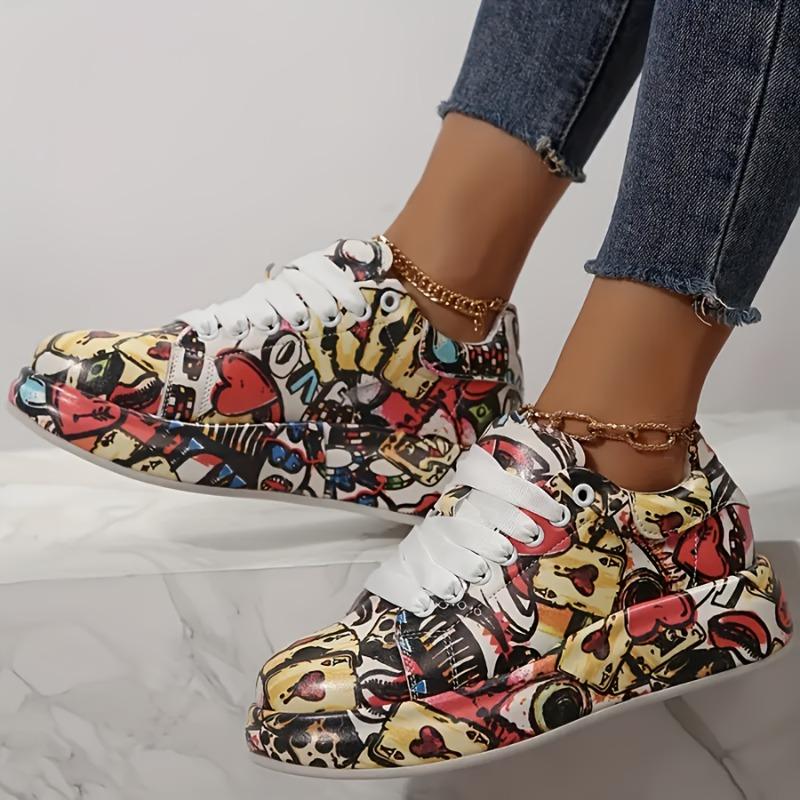 Playful Women's Sneakers - Vibrant Heart & Music Graphic Design, Breathable Synthetic Cover Rubber Sole, All-Season Casual Shoes for Petite Wome