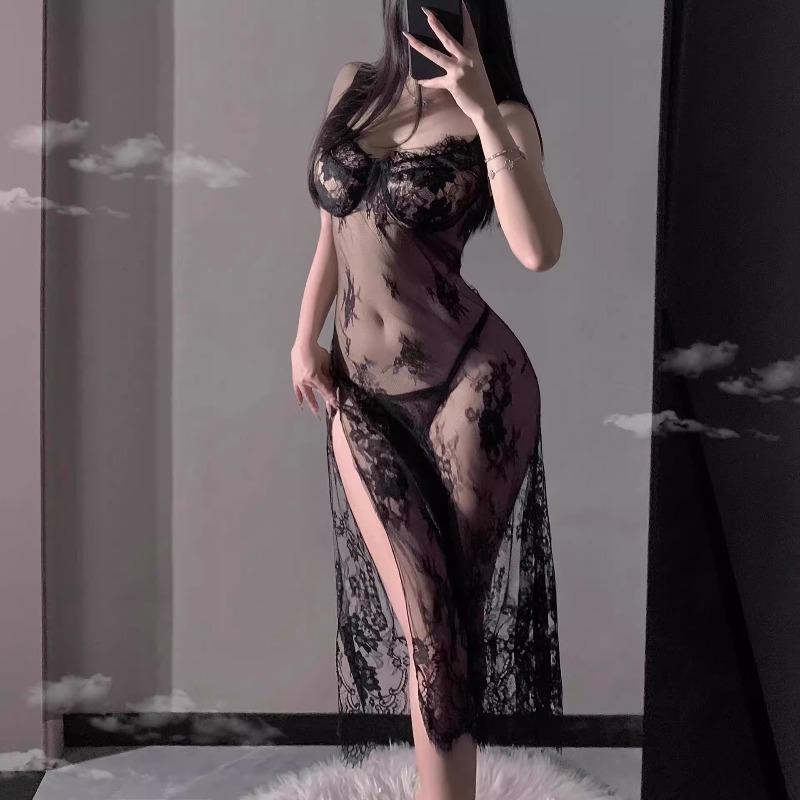 Purple Sexy Lingerie Suspender Pajamas Women's Suit Sexy Transparent Lace Uniform Temptation Split-ended Long Dress Small Chest