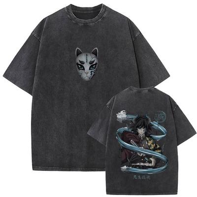 T-shirt Grafiche Vintage Lavate Demon Slayer Kokushibo e Tsugikuni Yoriichi Uomo Donna Cartone Animato Oversize