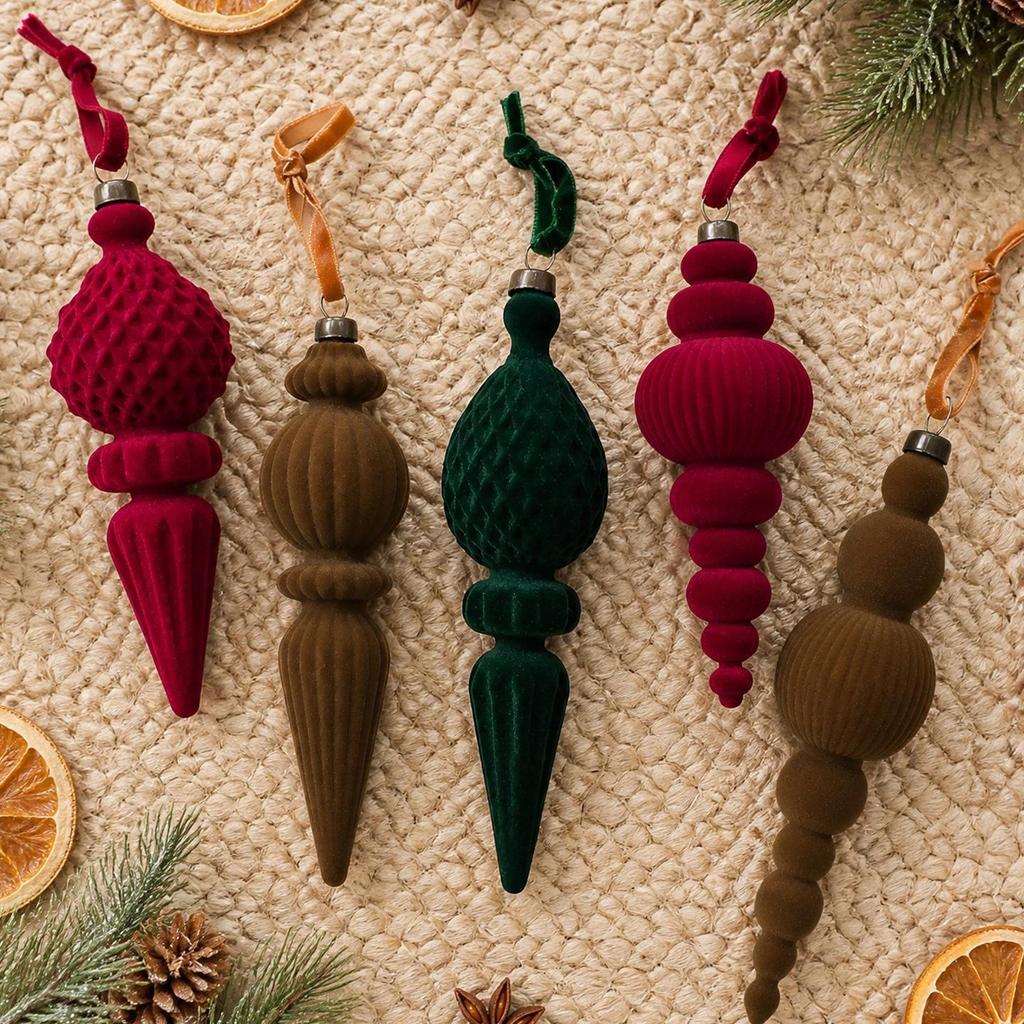 Retro Conical Christmas Ball Ornament - Flocked Tree Decoration 