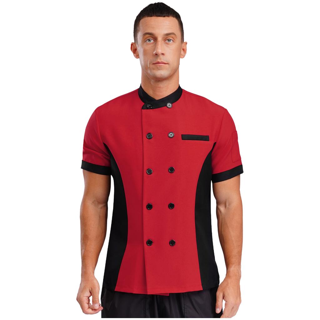 Unisex Kitchen Uniform Short Sleeve Color Block Chef Jacket Cook Coat Men Women Work Top
