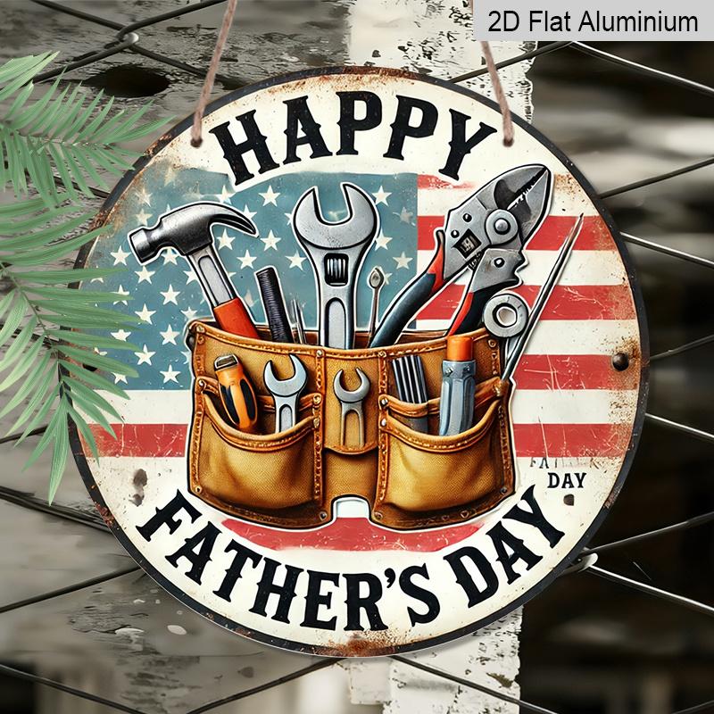 2D Flat, 1pc Vintage Father's Day Metal Aluminum Sign - "Happy Father's Day" with Tool Bucket & American Flag Design, Ideal Wall Decor for Home, Bar