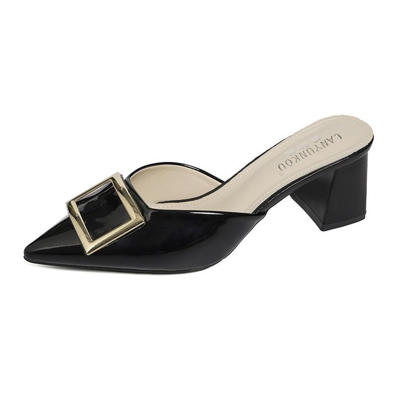 Women's Shoes 2025 Spring New Square Head Square Buckle Light Mouth Thick Heel High Heel Slippers Patent Leather Bag Head Half Slippers Outer Wear Wo