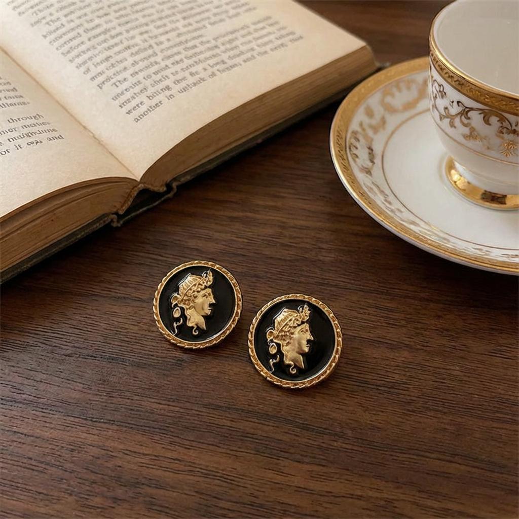 Vintage Gold Coin Stud Earrings for Women - Black Enamel Roman Cameo Medallion Portrait Statement Jewelry Gift