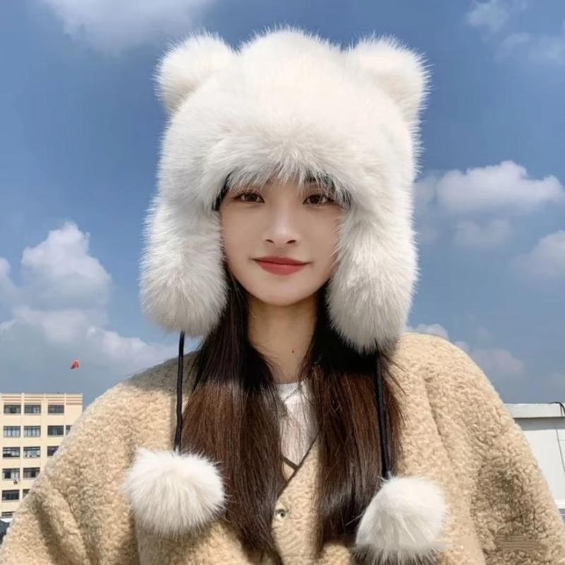 New Thickened Winter Hats For Women Keep Warm Windproof Furry Trapper Hat With Cute Tail Ear Protectors Bomber Hat Winter