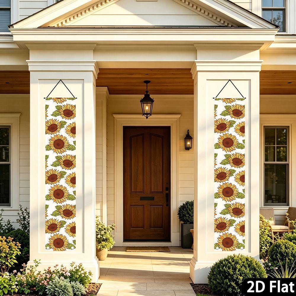 2D Flat, 2D Flat - 2D Flat, 2D Flat - 2D Flat 2pcs Banner Off-White Background Retro Hand-Painted Sunflower Literary Pastoral Theme Doorway Couplet Ba