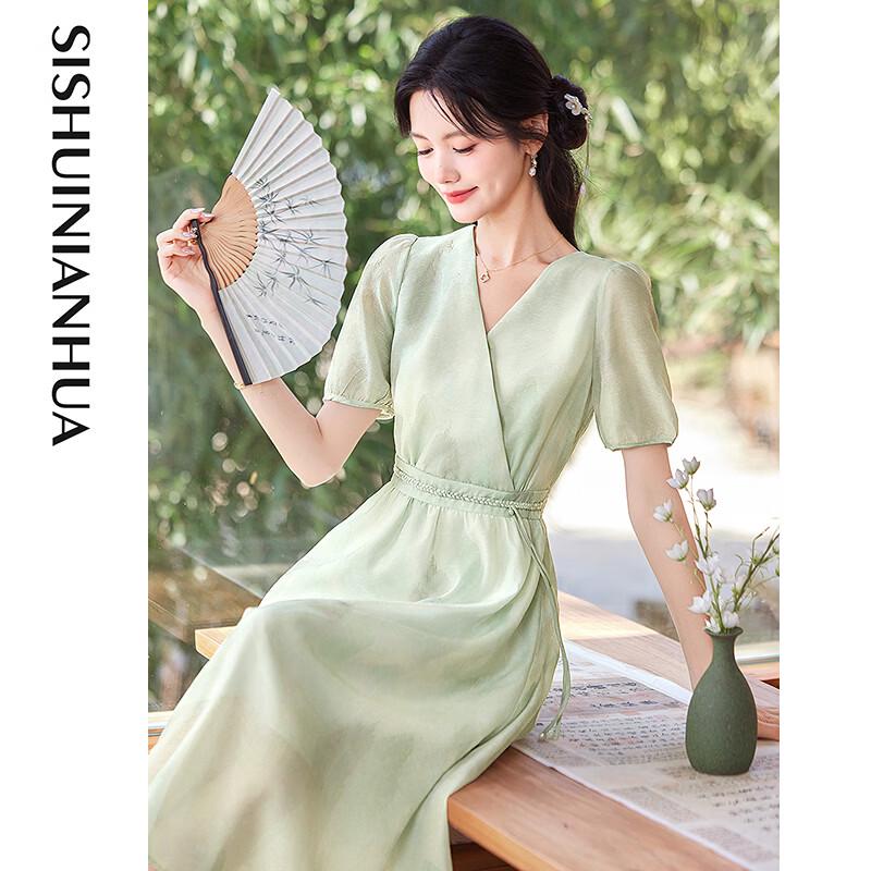 Sishui Nianhua 2026 Summer New Chinese Style V-Neck A-Line Dress