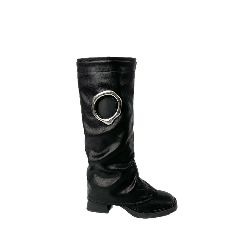 Star Meng Ziyi Has the Same Square Head Hole Design, Western Cowboy Boots, Women's Retro Versatile Thick-soled Thick-heeled Trouser Boots.