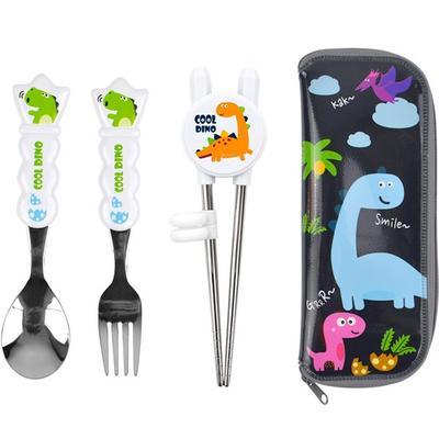Cooles Dino Kinderlöffel- und Gabelset, Löffel + Gabel + Korrektur-Essstäbchen + Etui, marineblau (Fall)