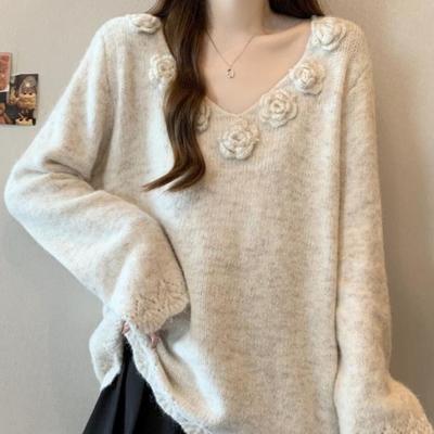 Pull Tricoté Femme Fleur Tridimensionnelle Coréen Col en V Couleur Unie Pull Femme Mode Automne Hauts Tricotés Dames