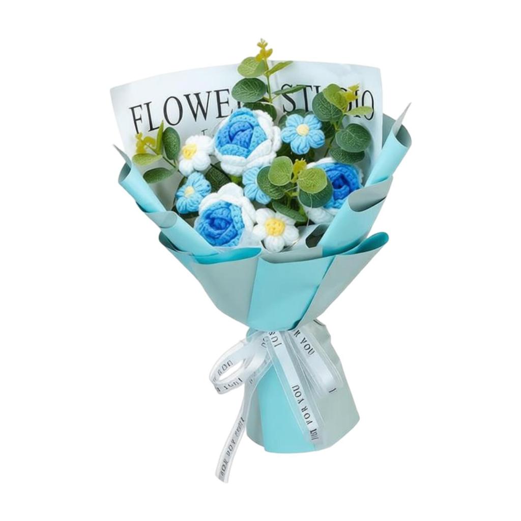 Crochet Flower Bouquet Yarn Material Knitted Floral Ornament Artificial Flowers Wreath Centerpiece for Women Anniversary Decor