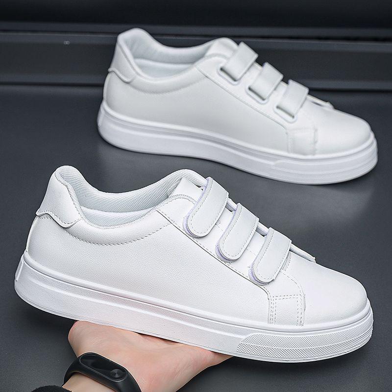 Men's Velcro Low-Top White Skate Shoes - Breathable, Thick-Soled, Non-Slip, Casual Footwear for Autumn