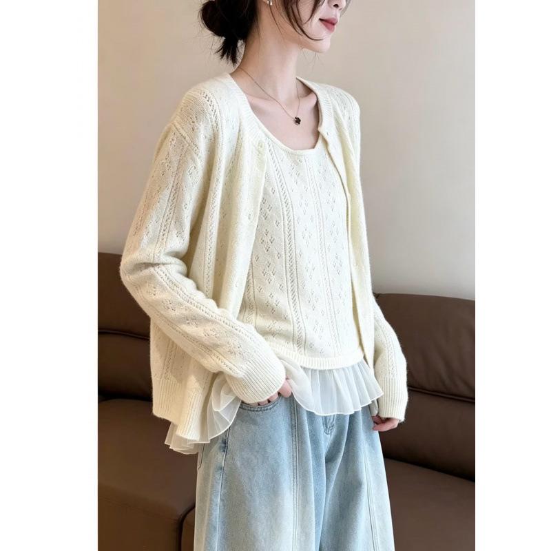 Autumn College-Style Lace Patchwork Knit Cardigan & Vest Two-Piece Set for Women