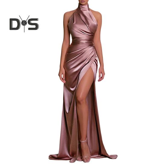 Women Ball Gown Stand Collar Halter Neck Off Shoulder Sleeveless Satin Evening Dress Slim Fit Pleated Solid Color High Slit Floor Length Maxi Dress