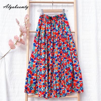 Prairie Chic Spring Summer Women Midi Skirt High Waist Contrast Color Floral Print Vintage Skirt Sweet Elegant Feminine Cotton Retro Skirt