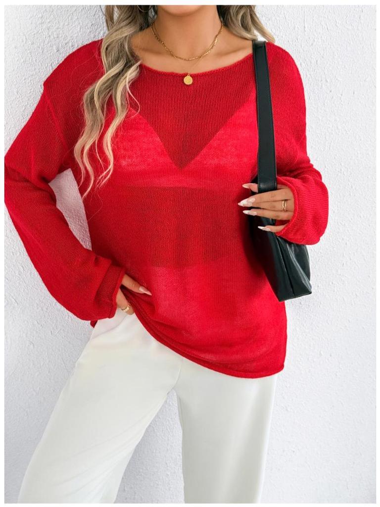 Cross-Border Casual Loose Knit Hollow Sweater: Women's Lightweight Bell Sleeve, Round Neck, Solid Color