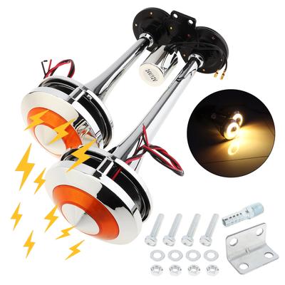 12V 24V 300DB Super Loud Dual Trumpet Chrome Plated Air Horn Kit with LED Light Wear-resistant for Truck Motorcycle Boat Car