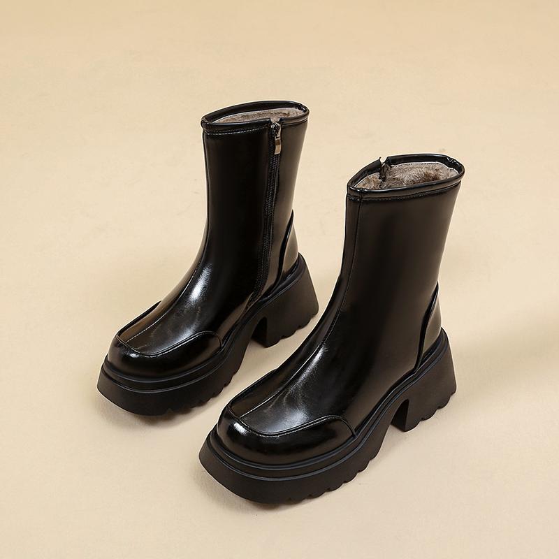 Platform Ankle Snow Boots Women High Heels Plush Leather Shoes Winter Warm Casual Shoes 2025 Trend Goth Chelsea Cozy Botas Mujer