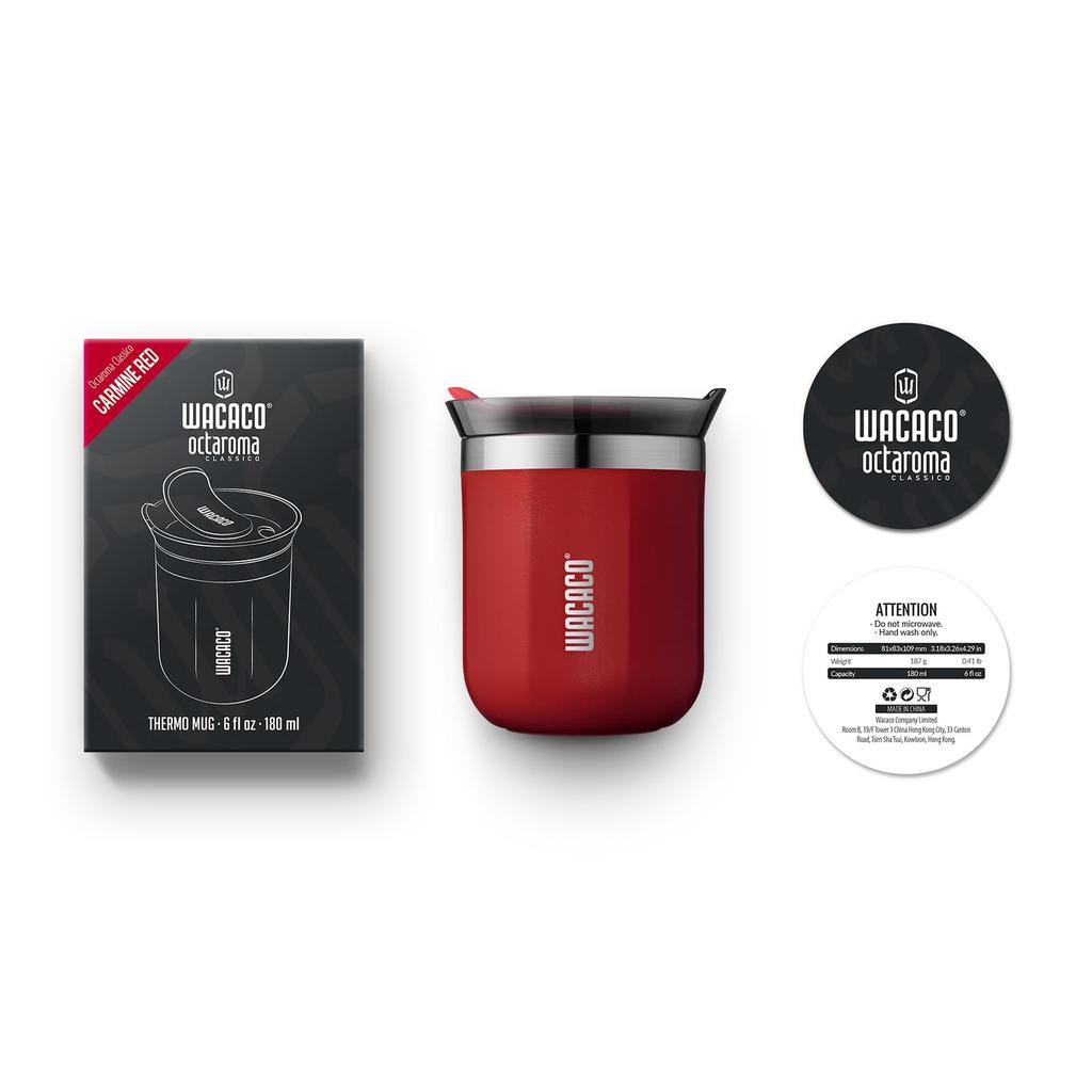 WACACO Octaroma Classico Vacuum Insulated Coffee Stainless Steel Travel Cup with Drinking 6 fl oz Carmine Red Cup, Double-Walled Lid, (180 ml),