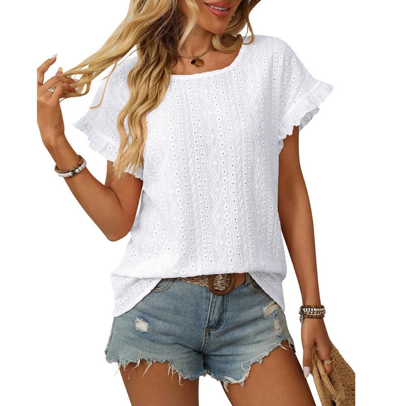 Women's Spring and Summer New Solid Colour Round Neck Sweet Short-sleeved T-shirt Hollowed Out Tops