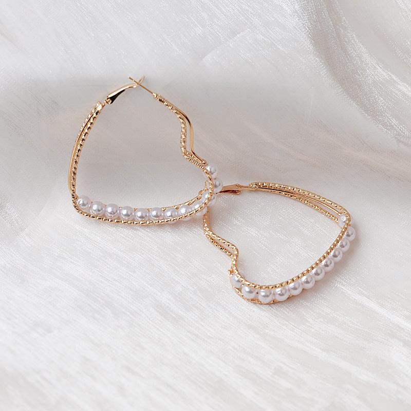 55MM Heart Imitation Pearl Hoop Earrings Big Circle Smooth Women Exaggerated Golden Hyperbole Metal Large Ear Jewelry Gift Aros