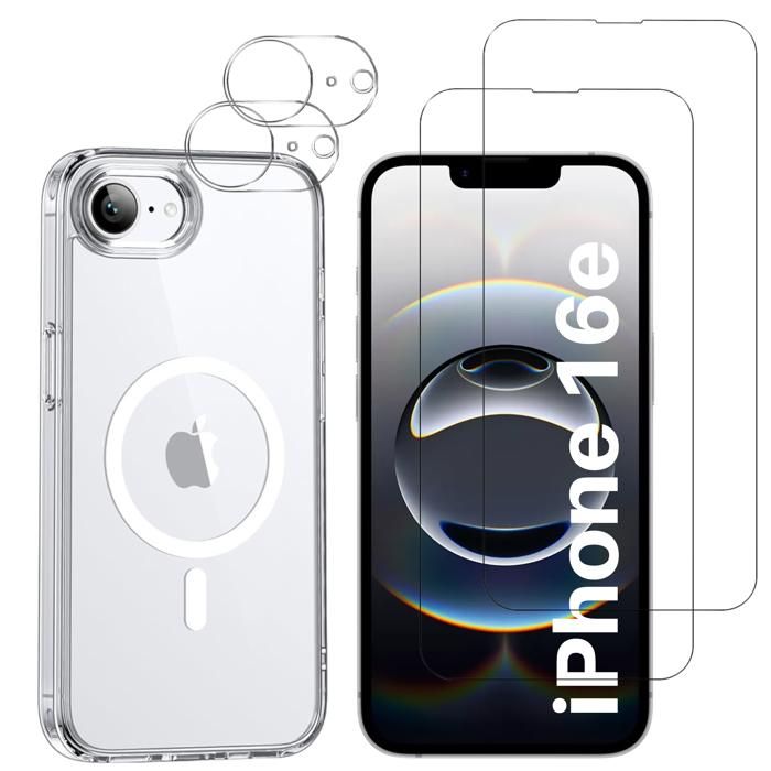 Coque iPhone 16e - Phonillico® - Souple - 1 Coque + 2 Verres Trempé - Protection Caméra - Magnétique