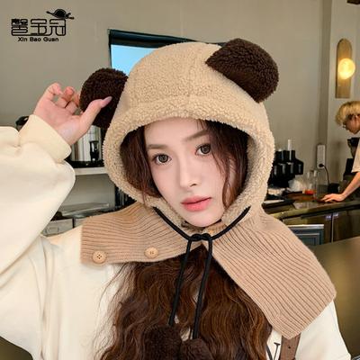Autumn and Winter Cute Bear Hat Female Thermal Ear Protector Plush Hat Knitted Wool Shawl Pullover Hat