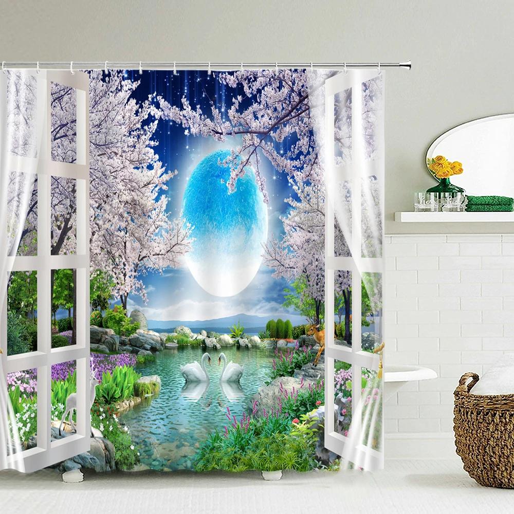 Scenery Outside the Window Shower Curtain 3D Printing Forest Garden Waterproof Fabric Bathroom Curtains Bath Screen with Hook