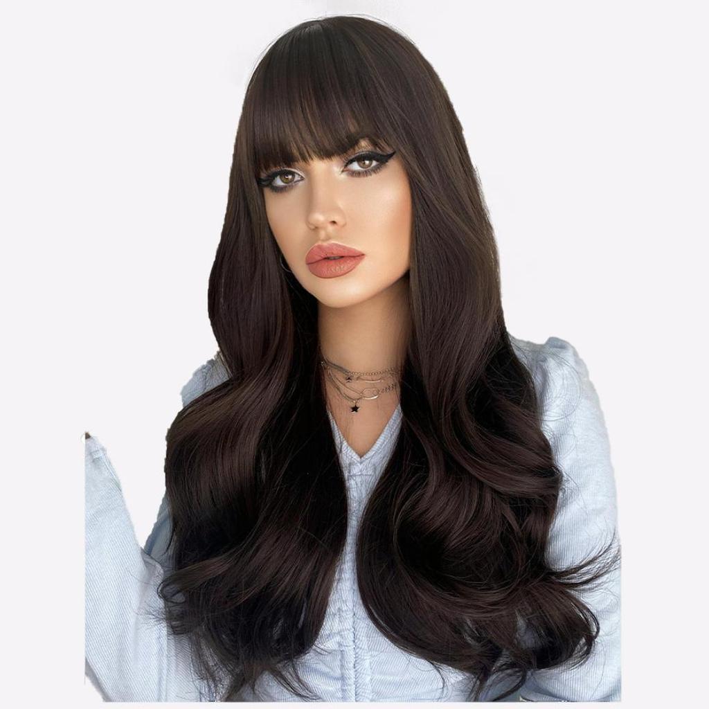 Voluminous Long Curly Wig with Feathered Bangs - Natural Looking Body Wave, Heat-Resistant Daily/Party/Wedding Hairpiece (Breathable Lightweight)