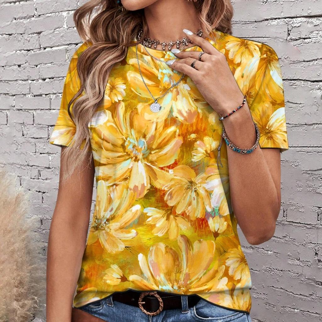 3D Colorful Floral Pattern Women's T-shirts Summer Casual Round Neck Top Short Sleeve Loose Casual Daily T-shirts