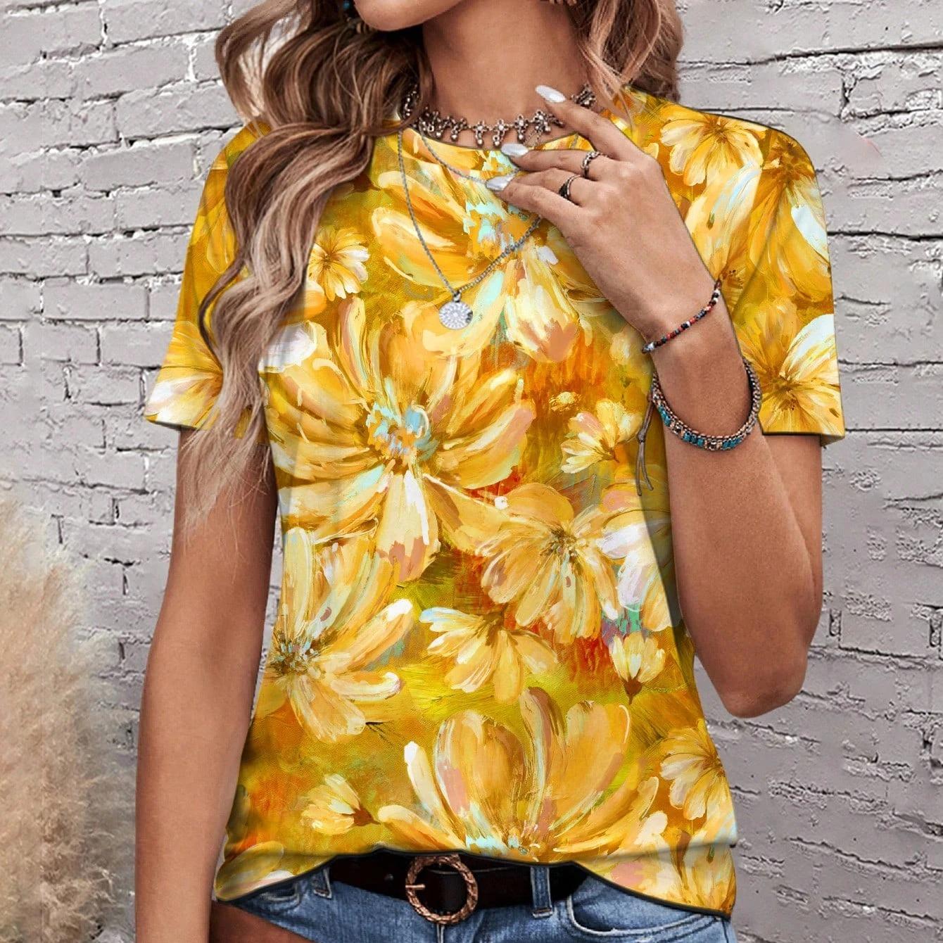 

3D Colorful Floral Pattern Women s T-shirts Summer Casual Round Neck Top Short Sleeve Loose Casual Daily T-shirts 6XL