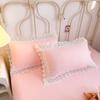 Solid Color Bedding Set with Lace Edge Princess Style Pink Bed Cover Set Queen/King Bed Sheet Sets for Girls Double Bedding Sets