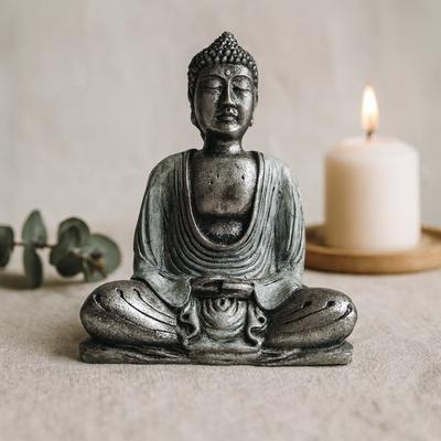 Buddha Statue White and Grey Resin Medium