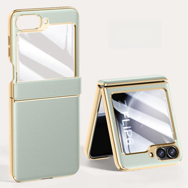 Electroplated Skin Friendly Leather Phone Case for Samsung Galaxy Z Flip 7 6 5 Tempered Film Shockproof Plating Fold Hinge Cover