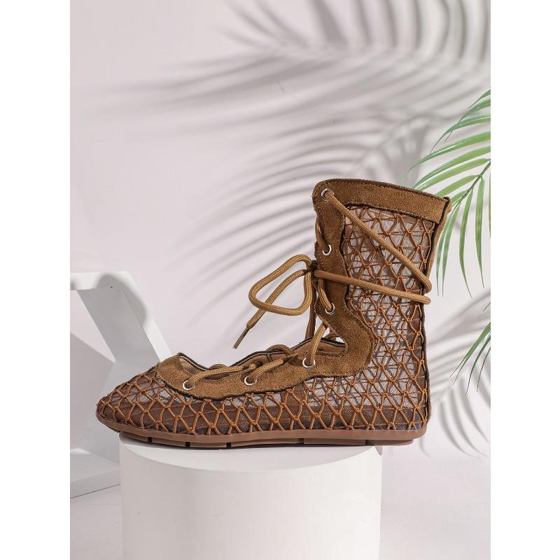 New plus-size retro flat sandals, summer breathable mesh hollow cross strap sandals for women