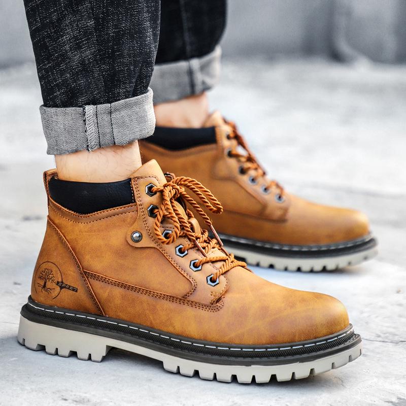 Men's Fleece-Lined Martin Boots, High-Top Leather Work Boots, Non-Slip, British Casual, Wear-Resistant, Large Sizes Available