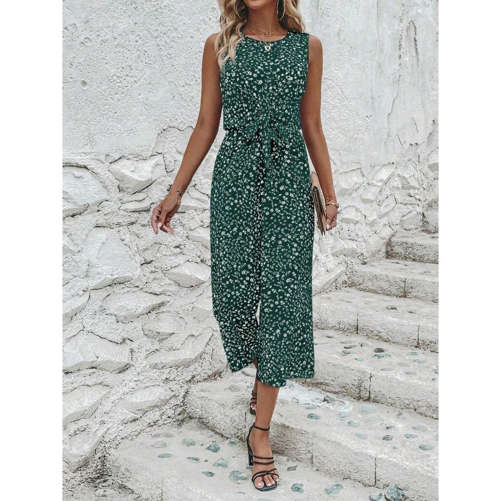 2026 New Fashion Women's Floral Print Sleeveless O-neck Jumpsuit Casual Vacation Beach Ankle-length Pant Jumpsuits with Belt