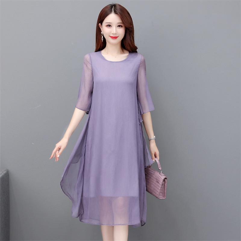 Women's Summer 2023 Silk Crepe A-line Dress: Mid-length, Solid Color, Loose Fit, Tummy-Covering, Fashionable and Elegant.